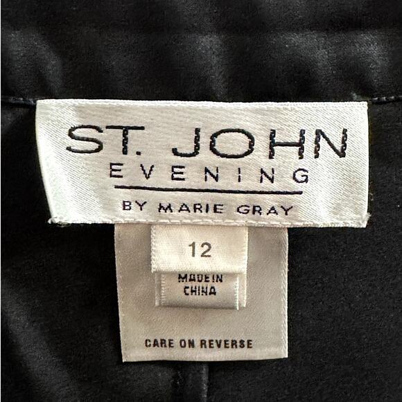 St. John Evening Black 100% Silk Midi Flowy Lined Skirt Side Zipper Size 12 - Picture 11 of 12